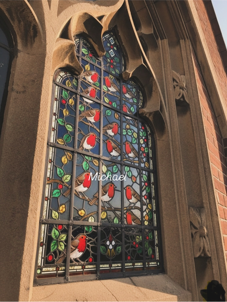 Victorian stained glass restoration detail featuring angel and religious figures