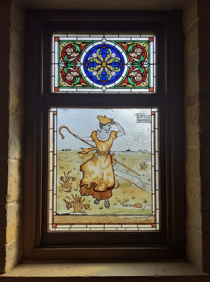 Edwardian stained glass repair work with nature scene and robins